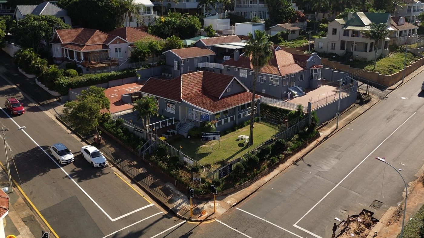 Aerial view of Windermere Pharmacy and Health Centre on the corner of Old Goble and Windermere Roads
