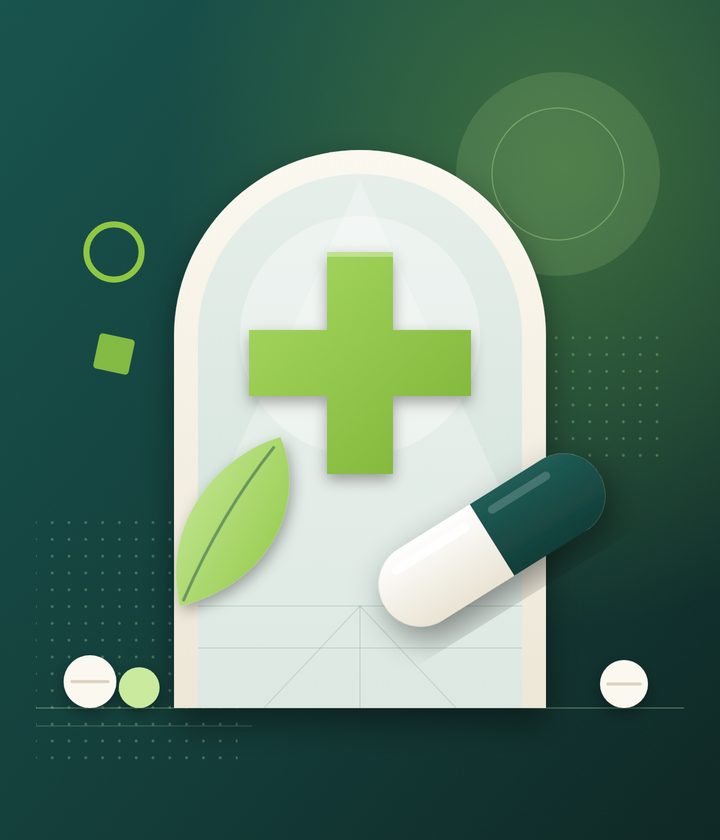 Illustration of an open doorway with a green pharmacy cross, a capsule and a leaf